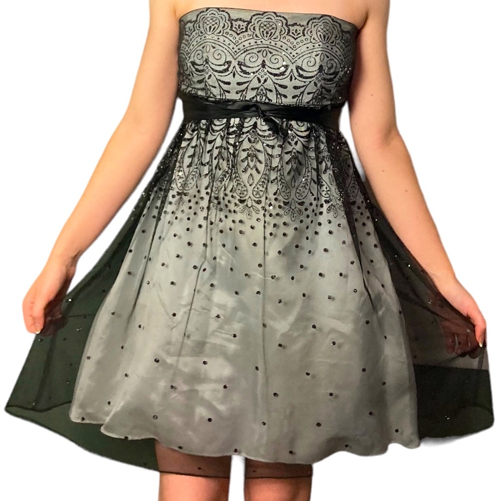 Vintage Goth Romantic Black and Grey Strapless Dress